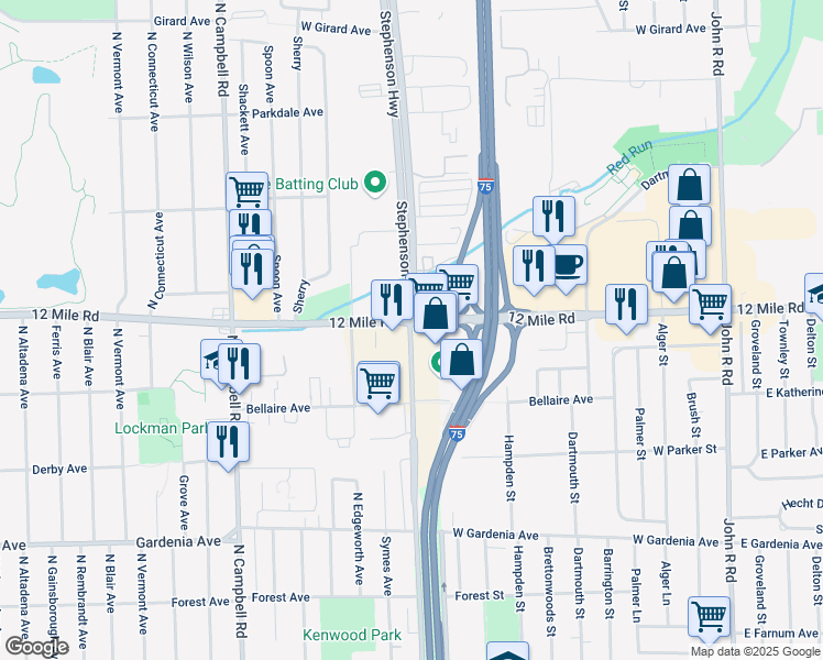 map of restaurants, bars, coffee shops, grocery stores, and more near in Madison Heights