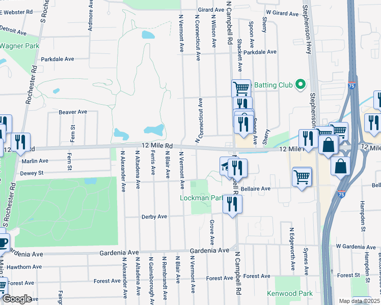 map of restaurants, bars, coffee shops, grocery stores, and more near 1707 North Connecticut Avenue in Royal Oak