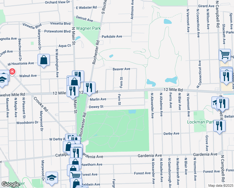 map of restaurants, bars, coffee shops, grocery stores, and more near 423 Marlin Avenue in Royal Oak