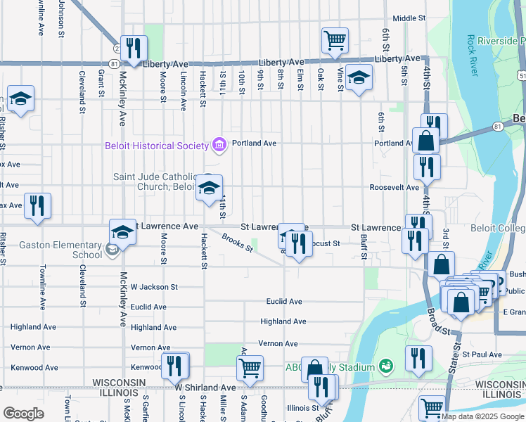map of restaurants, bars, coffee shops, grocery stores, and more near 717 9th Street in Beloit