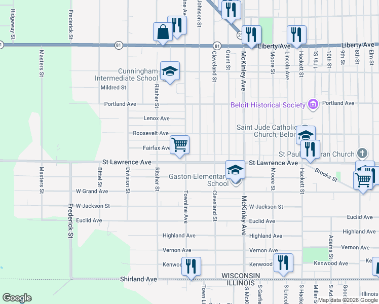 map of restaurants, bars, coffee shops, grocery stores, and more near 717 Townline Avenue in Beloit
