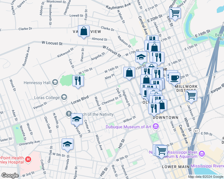 map of restaurants, bars, coffee shops, grocery stores, and more near 620 Loras Boulevard in Dubuque