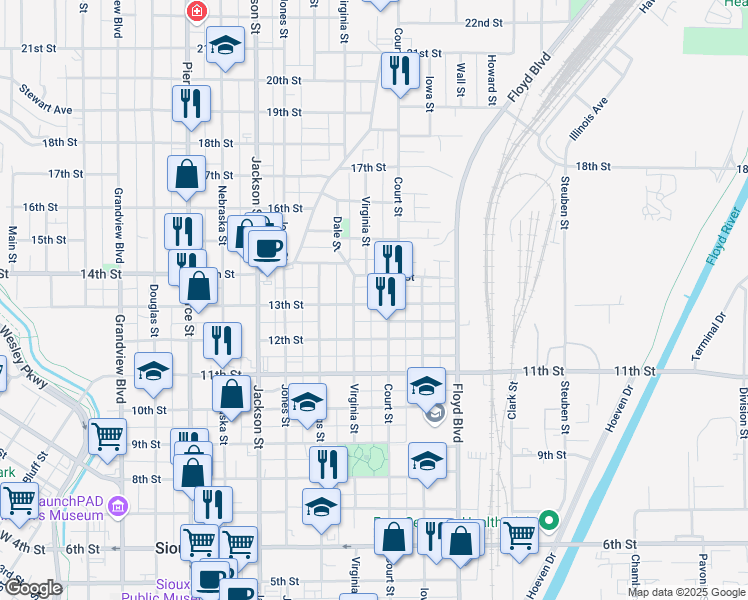 map of restaurants, bars, coffee shops, grocery stores, and more near 1010 13th Street in Sioux City