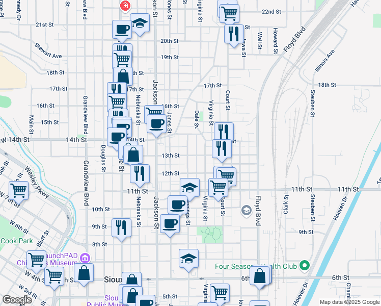 map of restaurants, bars, coffee shops, grocery stores, and more near 900-910 13th Street in Sioux City