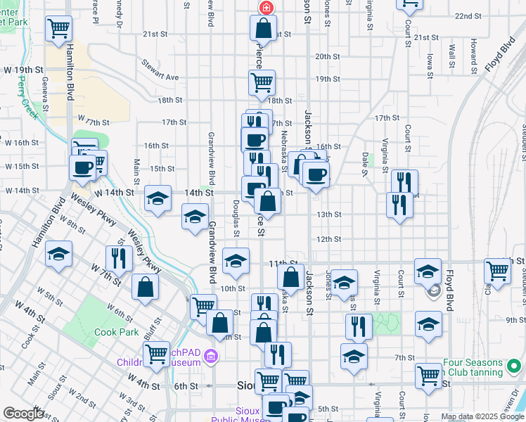 map of restaurants, bars, coffee shops, grocery stores, and more near 501-599 13th St in Sioux City