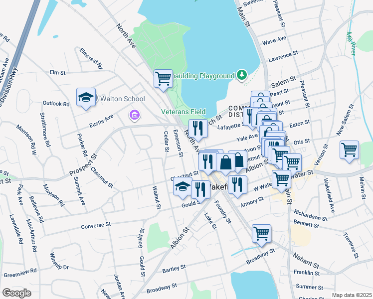 map of restaurants, bars, coffee shops, grocery stores, and more near 11 Avon Court in Wakefield