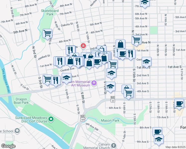 map of restaurants, bars, coffee shops, grocery stores, and more near 923 1st Avenue South in Fort Dodge