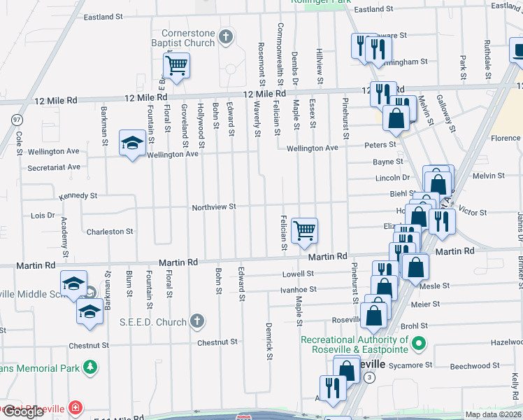 map of restaurants, bars, coffee shops, grocery stores, and more near 28255 Waverly Street in Roseville