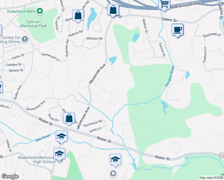 map of restaurants, bars, coffee shops, grocery stores, and more near 22 Briarwood Lane in Wakefield
