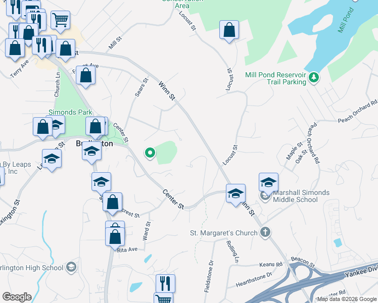 map of restaurants, bars, coffee shops, grocery stores, and more near 35 Margaret Street in Burlington