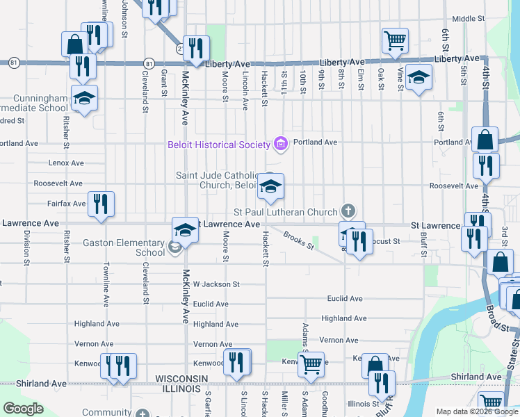 map of restaurants, bars, coffee shops, grocery stores, and more near 716 Hackett Street in Beloit
