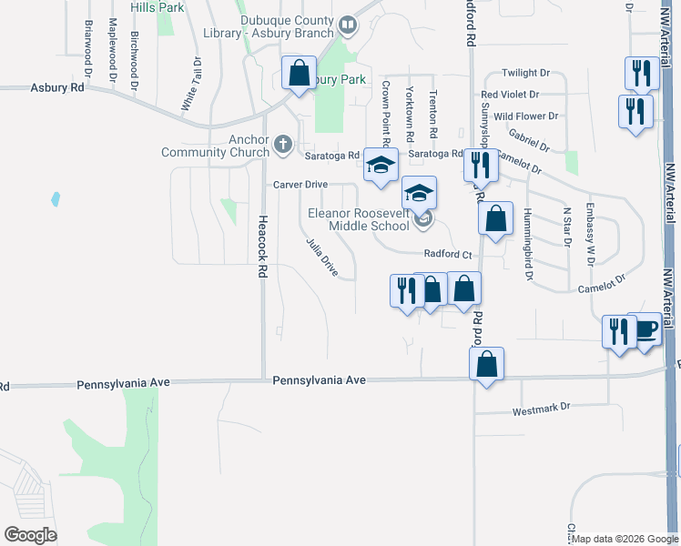 map of restaurants, bars, coffee shops, grocery stores, and more near 2120 Julia Drive in Asbury