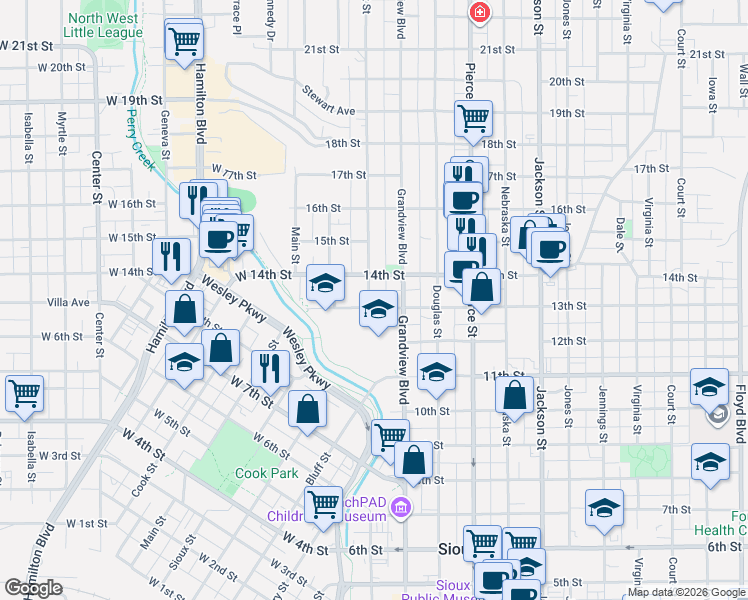 map of restaurants, bars, coffee shops, grocery stores, and more near 201 13th Street in Sioux City