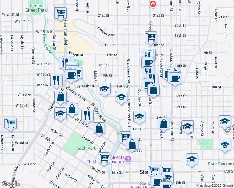 map of restaurants, bars, coffee shops, grocery stores, and more near 151 13th Street in Sioux City