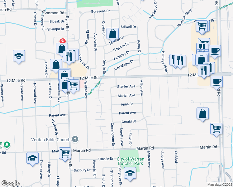 map of restaurants, bars, coffee shops, grocery stores, and more near 4639 Marian Ave in Warren