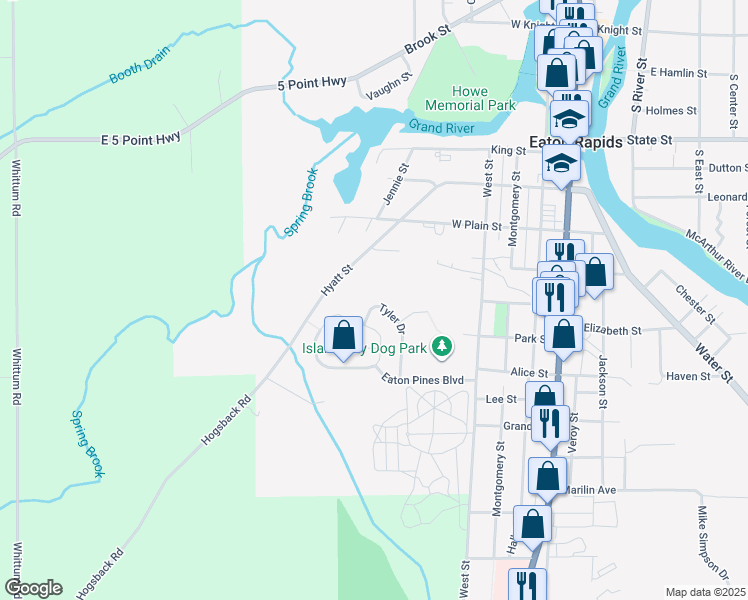 map of restaurants, bars, coffee shops, grocery stores, and more near 917 Tyler Drive in Eaton Rapids