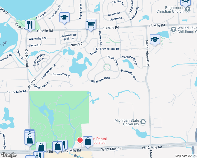 map of restaurants, bars, coffee shops, grocery stores, and more near 41673 Steinbeck Glen in Novi
