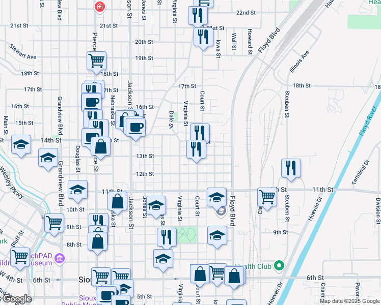map of restaurants, bars, coffee shops, grocery stores, and more near 1010 13th Street in Sioux City