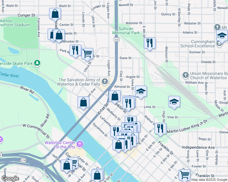 map of restaurants, bars, coffee shops, grocery stores, and more near 108 Walnut St in Waterloo