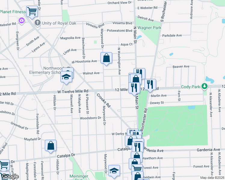 map of restaurants, bars, coffee shops, grocery stores, and more near W 12 Mile Rd & N Lafayette Ave in Royal Oak