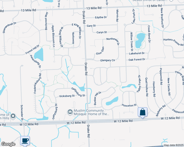 map of restaurants, bars, coffee shops, grocery stores, and more near 35300 Valley Forge Drive in Farmington Hills