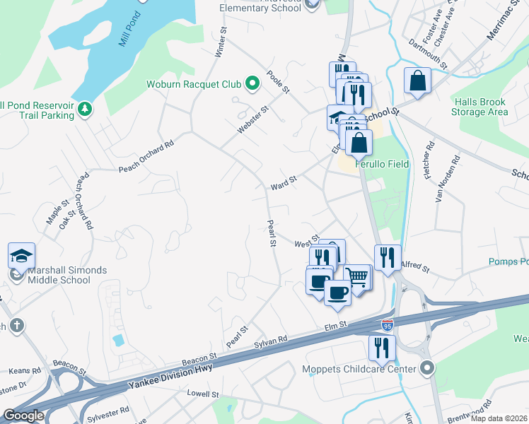 map of restaurants, bars, coffee shops, grocery stores, and more near 72 Pearl Street in Woburn