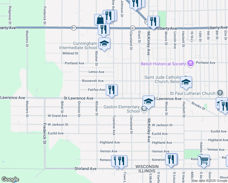 map of restaurants, bars, coffee shops, grocery stores, and more near 717 Townline Avenue in Beloit