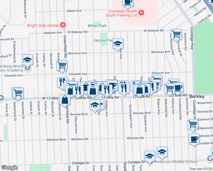 map of restaurants, bars, coffee shops, grocery stores, and more near 3528 Bacon Avenue in Berkley
