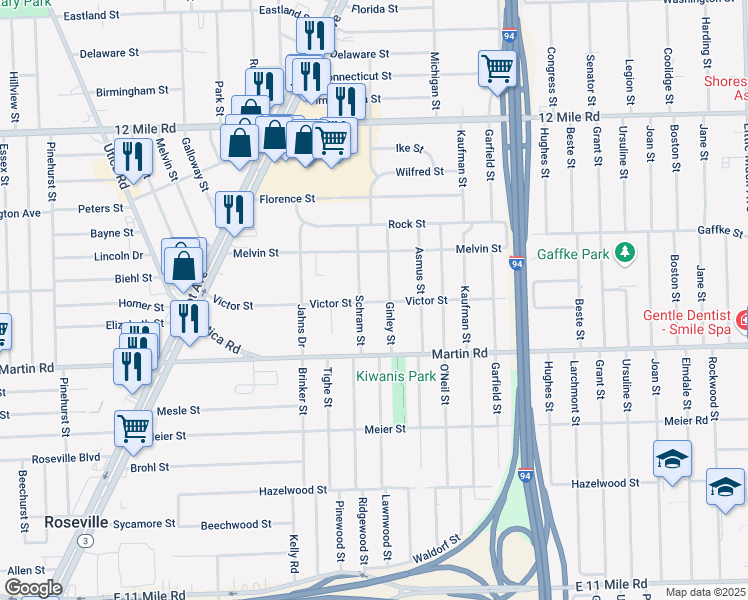 map of restaurants, bars, coffee shops, grocery stores, and more near 19026 Victor Street in Roseville