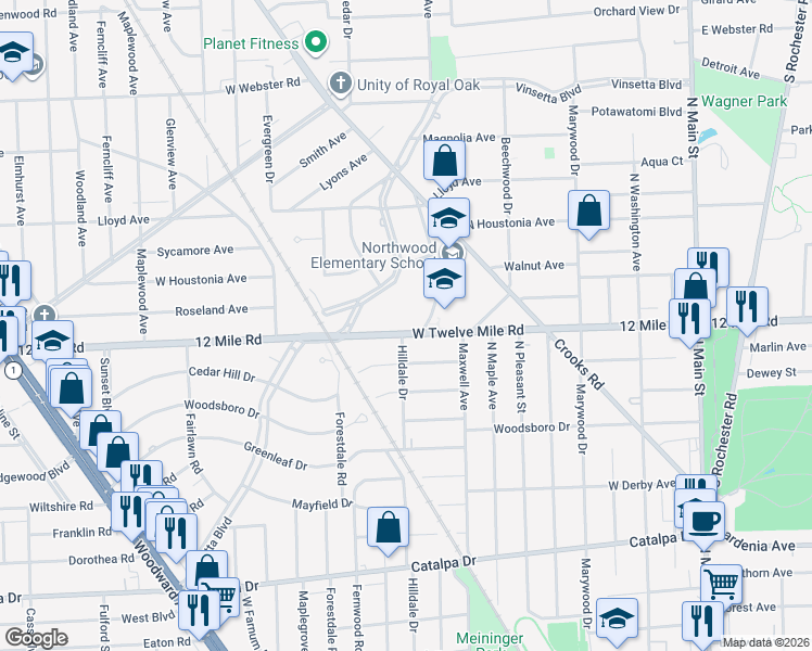 map of restaurants, bars, coffee shops, grocery stores, and more near 1107 Twelve Mile Road in Royal Oak