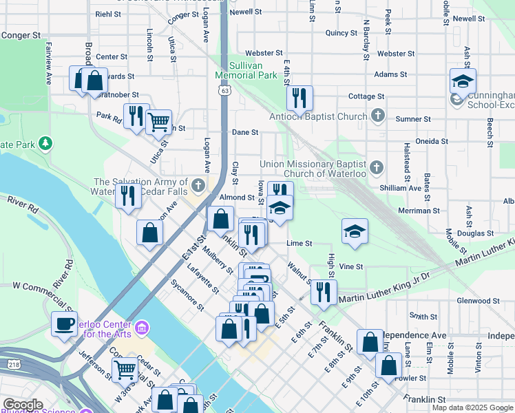 map of restaurants, bars, coffee shops, grocery stores, and more near 206 Iowa Street in Waterloo