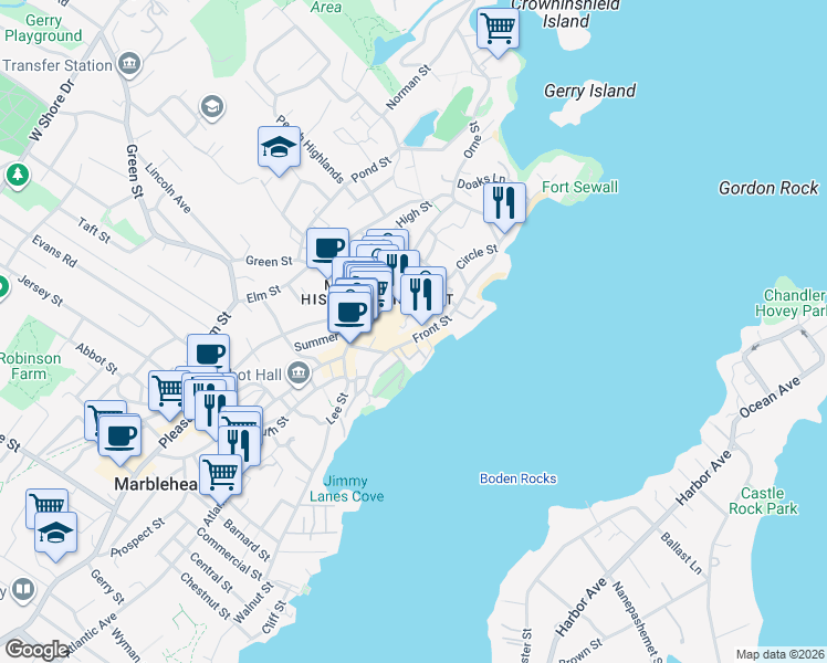 map of restaurants, bars, coffee shops, grocery stores, and more near 4 Ferry Lane in Marblehead