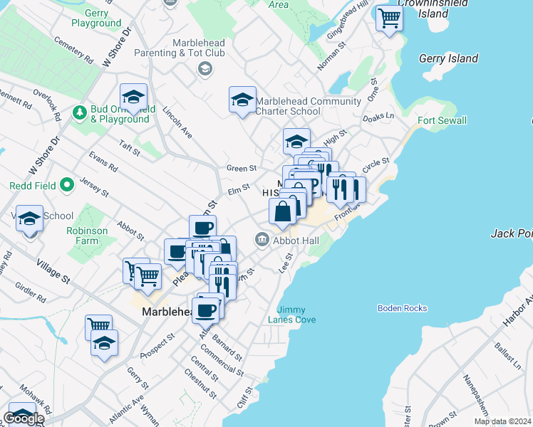 map of restaurants, bars, coffee shops, grocery stores, and more near 31 Summer Street in Marblehead