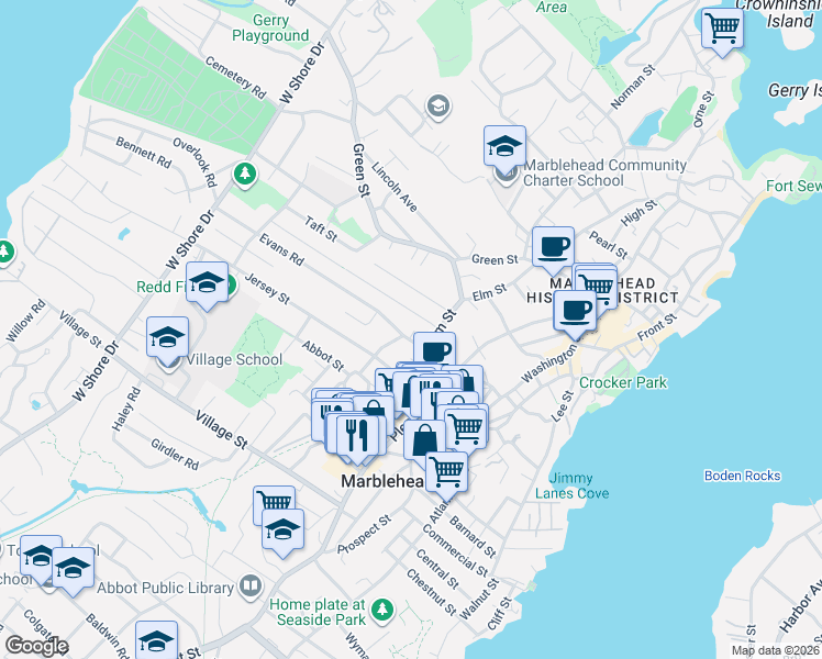 map of restaurants, bars, coffee shops, grocery stores, and more near 7 Evans Road in Marblehead