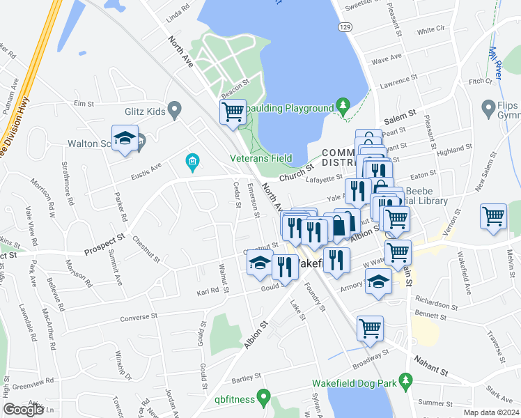map of restaurants, bars, coffee shops, grocery stores, and more near 43 Emerson Street in Wakefield
