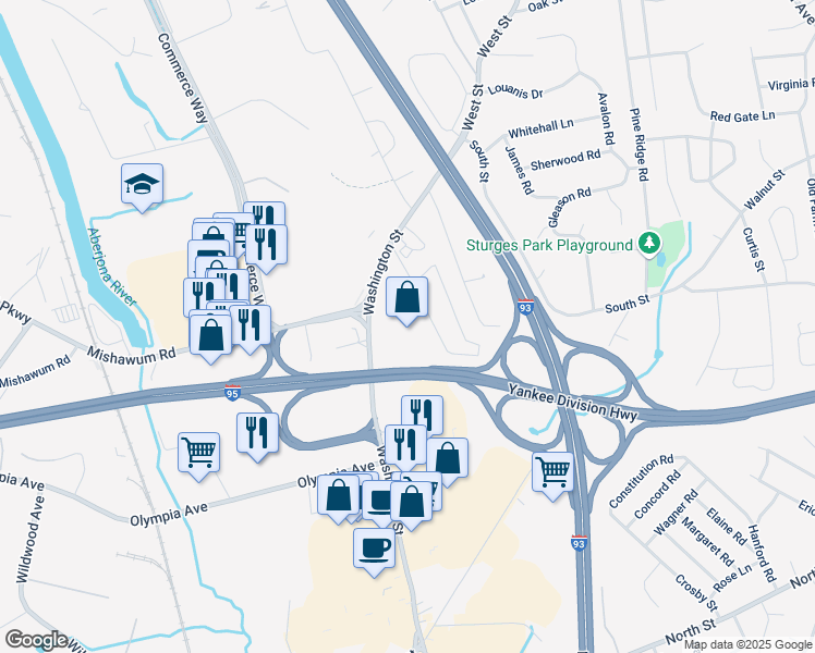 map of restaurants, bars, coffee shops, grocery stores, and more near 425 Washington Street in Woburn