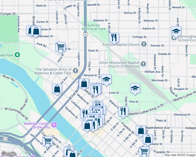 map of restaurants, bars, coffee shops, grocery stores, and more near 206 Iowa Street in Waterloo