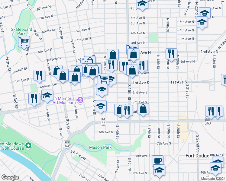 map of restaurants, bars, coffee shops, grocery stores, and more near 211 South 13th Street in Fort Dodge
