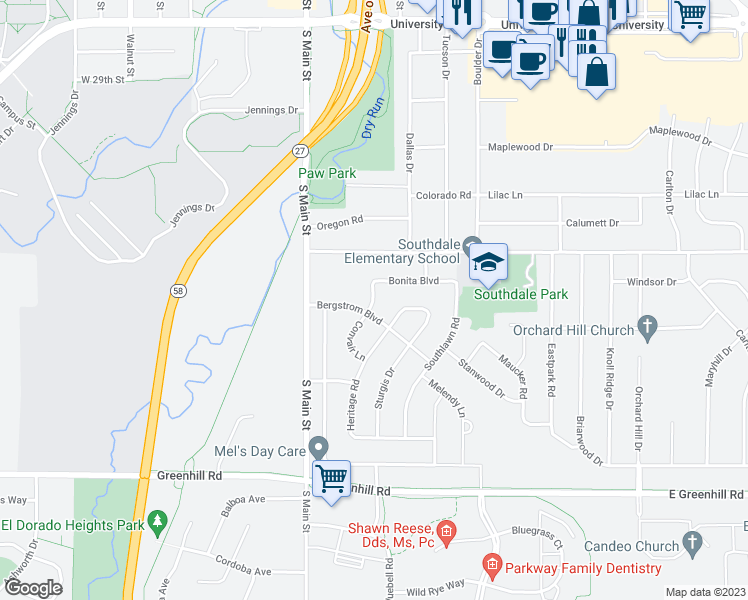map of restaurants, bars, coffee shops, grocery stores, and more near 3720 Convair Lane in Cedar Falls