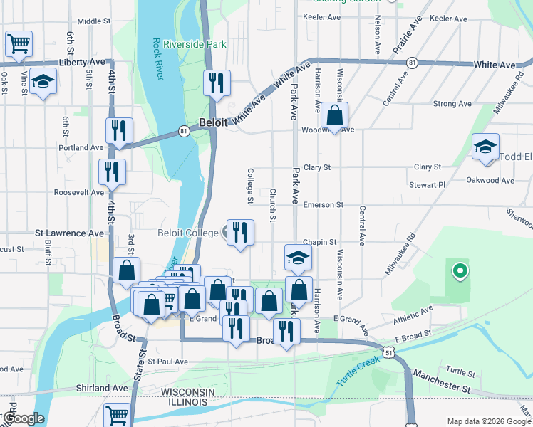 map of restaurants, bars, coffee shops, grocery stores, and more near 737 Church Street in Beloit