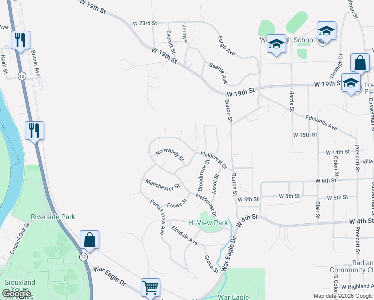 map of restaurants, bars, coffee shops, grocery stores, and more near 647 Brentwood Street in Sioux City