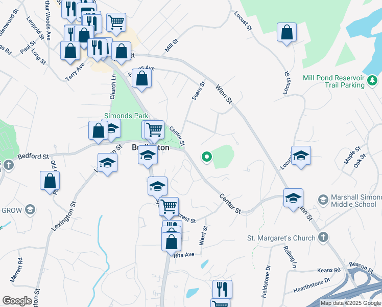 map of restaurants, bars, coffee shops, grocery stores, and more near 55 Center Street in Burlington