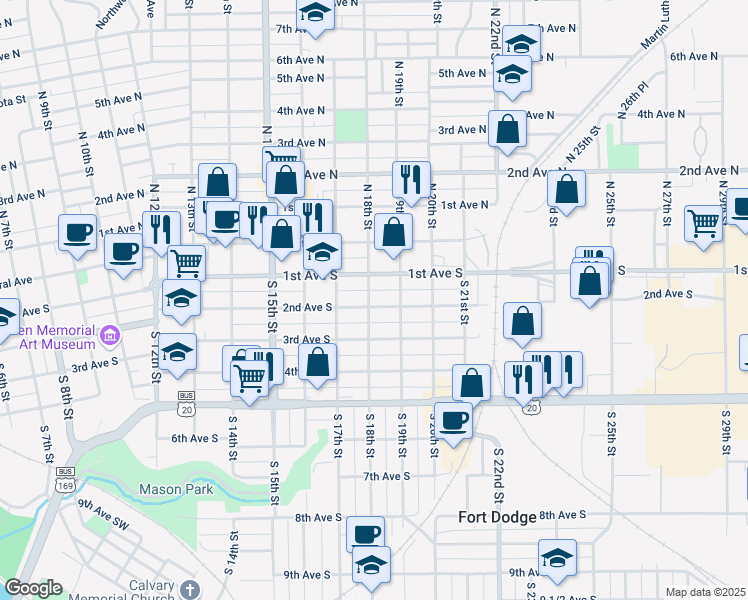 map of restaurants, bars, coffee shops, grocery stores, and more near 1813 2nd Avenue South in Fort Dodge