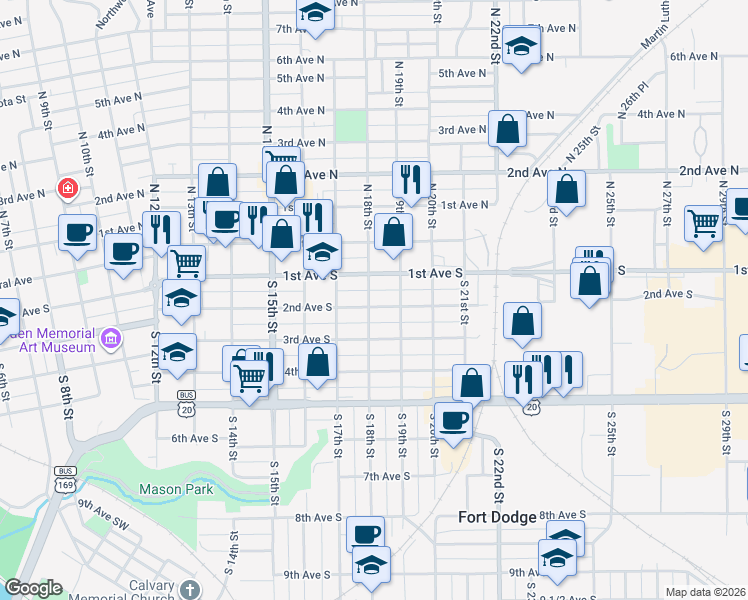 map of restaurants, bars, coffee shops, grocery stores, and more near 1813 2nd Avenue South in Fort Dodge