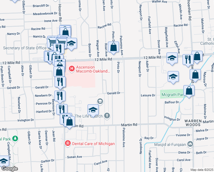 map of restaurants, bars, coffee shops, grocery stores, and more near 28581 Roan Drive in Warren