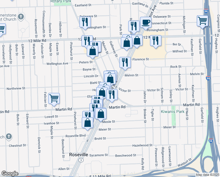 map of restaurants, bars, coffee shops, grocery stores, and more near 28240 Gratiot Avenue in Roseville