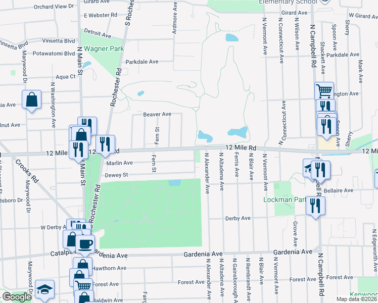 map of restaurants, bars, coffee shops, grocery stores, and more near 711 Marlin Avenue in Royal Oak