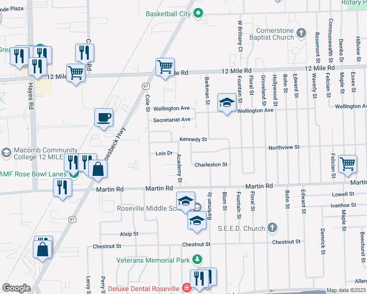 map of restaurants, bars, coffee shops, grocery stores, and more near 28251 Emery Street in Roseville