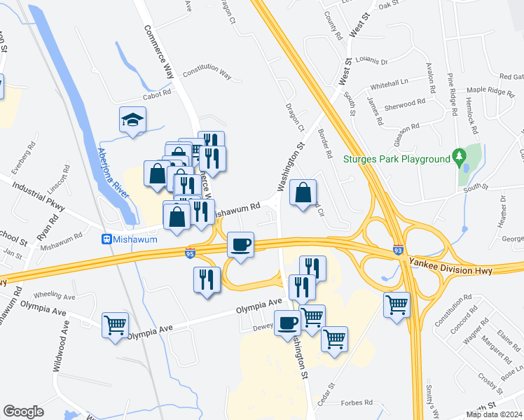 map of restaurants, bars, coffee shops, grocery stores, and more near 361 Mishawum Road in Woburn