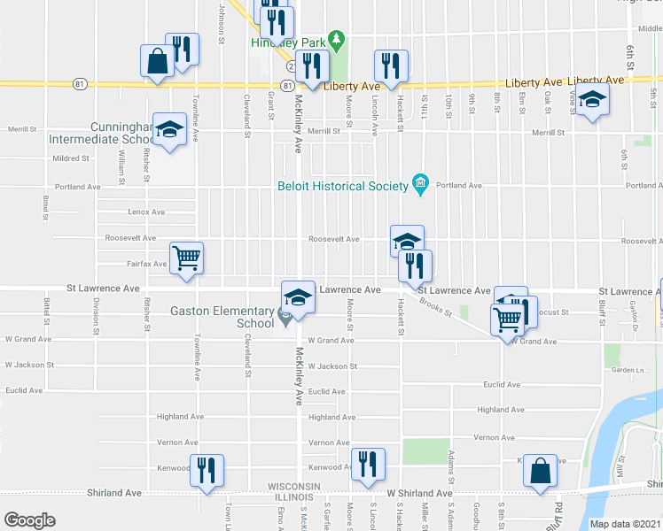 map of restaurants, bars, coffee shops, grocery stores, and more near 727 Garfield Avenue in Beloit